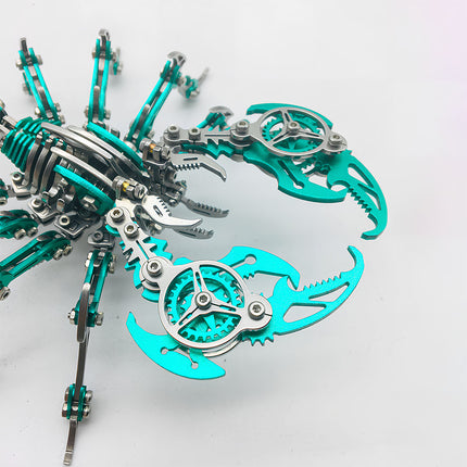 Turquoise & Silver Scorpion 3D Puzzle Metal Model Detail - Close-up of the DIY Metal Kits' movable gear-integrated pincers and segmented leg joints. This intricate 3D puzzle component features polished turquoise metal, precise screw connections, and mechanical structures—assembling into a vivid decor piece that adds a fresh, futuristic touch to any funny table.