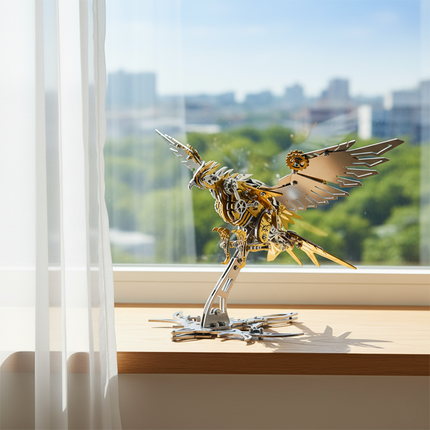 A beautifully crafted DIY 3D puzzle metal kit featuring a Falcon metal model basking in sunlight on a windowsill, set against a vibrant cityscape backdrop. This exquisite metal model serves as an intriguing and amusing tabletop accent or a thoughtful gift for mechanical art enthusiasts