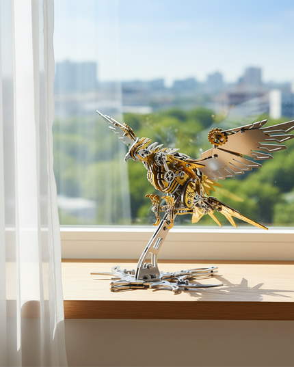 A beautifully crafted DIY 3D puzzle metal kit featuring a Falcon metal model basking in sunlight on a windowsill, set against a vibrant cityscape backdrop. This exquisite metal model serves as an intriguing and amusing tabletop accent or a thoughtful gift for mechanical art enthusiasts