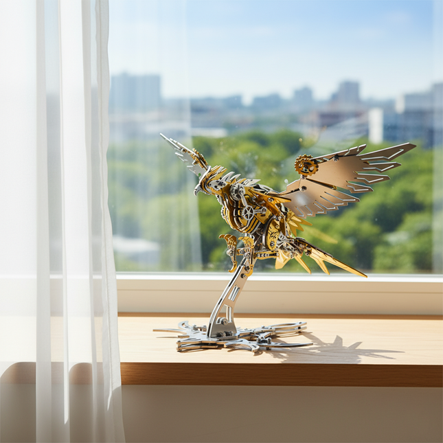 A beautifully crafted DIY 3D puzzle metal kit featuring a Falcon metal model basking in sunlight on a windowsill, set against a vibrant cityscape backdrop. This exquisite metal model serves as an intriguing and amusing tabletop accent or a thoughtful gift for mechanical art enthusiasts