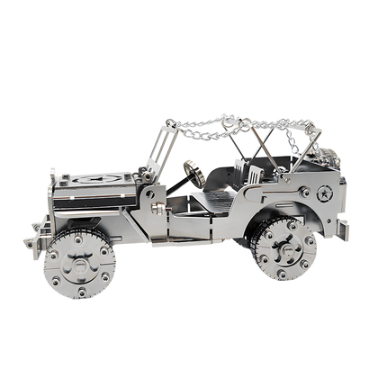 Tablefunny Silver Metal Jeep 3D Assembly Model Kit, intricate metal puzzle with realistic wheels and open-top design, perfect for car model collectors and hobbyists.