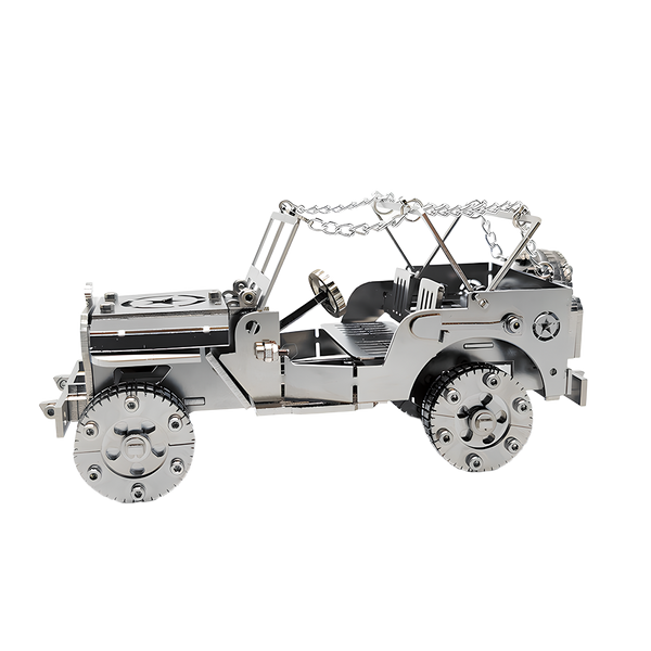 Tablefunny Silver Metal Jeep 3D Assembly Model Kit, intricate metal puzzle with realistic wheels and open-top design, perfect for car model collectors and hobbyists.