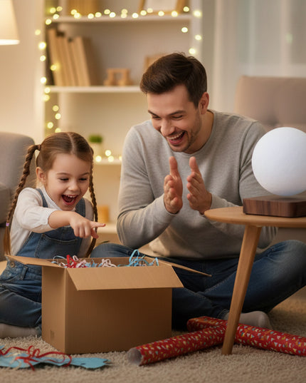 Father and young daughter unwrapping a floating magnetic levitation moon lamp on a wooden base in a cozy living room with fairy lights – perfect ambient home décor gift moment
