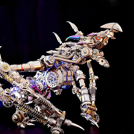 Majestic mechanical steampunk dragon metal model with iridescent scales and articulated body, a fantastical steampunk puzzle, an advanced 3D puzzle from Metal Kits for steam punk mech collectors.