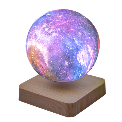 Magnetic levitating galaxy lamp with colorful nebula sphere on a light wood base