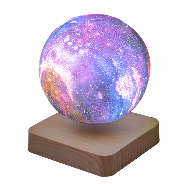 Magnetic levitating galaxy lamp with colorful nebula sphere on a light wood base