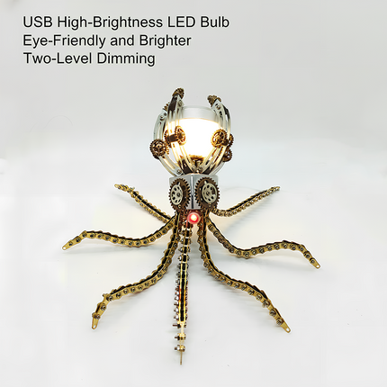 Steampunk Mechanical Octopus Desk Lamp 3D Puzzle Metal Kit (USB LED Bulb Design) - A functional fun toy for mechanics, design lovers, and lighting enthusiasts, this DIY-assembled piece features a mechanical octopus desk lamp with a USB high-brightness LED bulb, offering two-level dimming for eye-friendly and brighter illumination. It showcases intricate gears, articulated chain-like tentacles, and serves as both an artistic decor and a practical light source. 