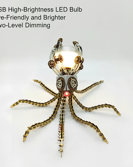 Steampunk Mechanical Octopus Desk Lamp 3D Puzzle Metal Kit (USB LED Bulb Design) - A functional fun toy for mechanics, design lovers, and lighting enthusiasts, this DIY-assembled piece features a mechanical octopus desk lamp with a USB high-brightness LED bulb, offering two-level dimming for eye-friendly and brighter illumination. It showcases intricate gears, articulated chain-like tentacles, and serves as both an artistic decor and a practical light source. 