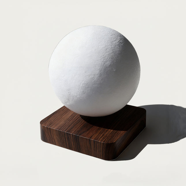 Table Funny Magnetic Levitation Moon Globe Artwork - An innovative creation for astronomy lovers, interior design enthusiasts, and tech admirers, this piece from Table Funny features a magnetic levitation moon globe with a sleek dark wooden base, realistic lunar texture detailing, and a minimalist design. Highlighted by its floating celestial sphere silhouette, magnetic levitation technology, accurate lunar surface replication, and natural wood texture integration