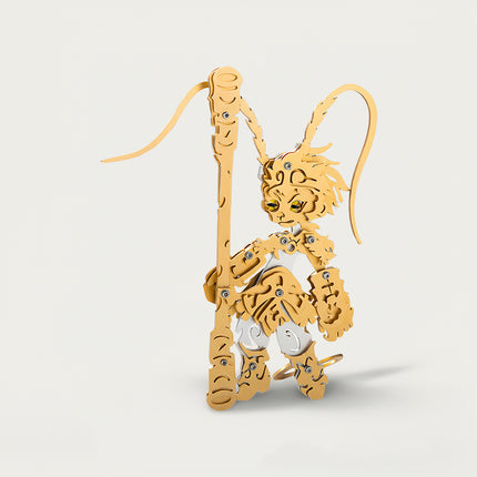 Golden Monkey King 3D puzzle Metal Kits - DIY assembled funny table metal model, luxurious, intricate, and mythical golden design with a staff-wielding figure, providing fun and challenging assembly, and exquisite metal artistry for grand desktop decoration