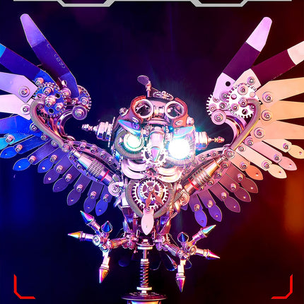  Luminous metal model kit owl with spread wings, a vibrant 3D metallic puzzle sculpture showcasing intricate mechanical metal artistry.