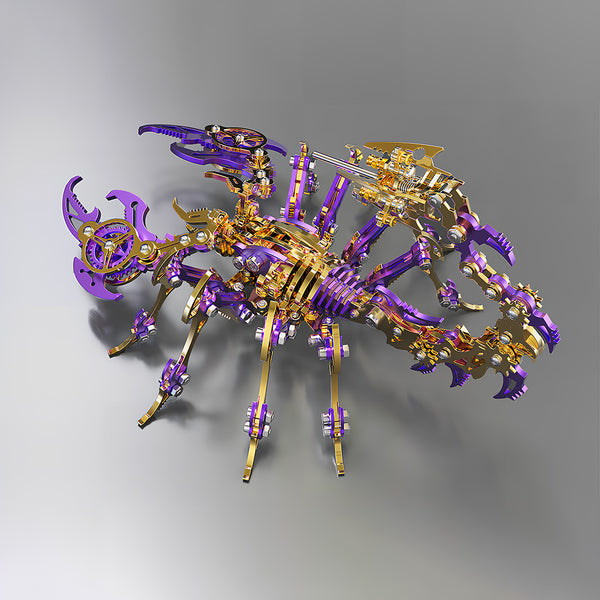 Luxurious purple and gold mechanical scorpion metal model, a dazzling DIY 3D puzzle with exquisite detailing. This premium Metal Kits piece is a magnificent and funny table centerpiece, showcasing superior craftsmanship and a unique aesthetic