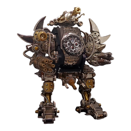 Front view of an imposing steampunk bipedal metal model with a prominent clock face. This intricate DIY 3D puzzle from our Metal Kits makes a striking "funny table" centerpiece and a unique "table funny" metal model for collectors