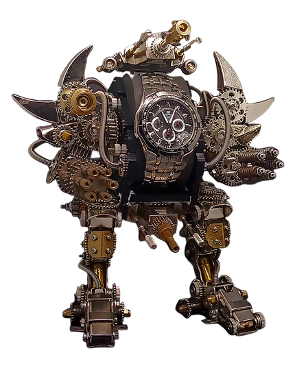 Front view of an imposing steampunk bipedal metal model with a prominent clock face. This intricate DIY 3D puzzle from our Metal Kits makes a striking "funny table" centerpiece and a unique "table funny" metal model for collectors