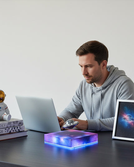 A magnetic levitation UFO suspended on a magnetic levitation base—a unique anti-gravity desk lamp for modern office decor.