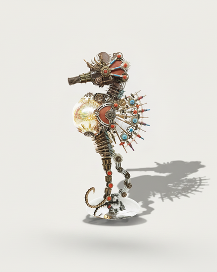 The Steampunk Mechanical Seahorse 3D Puzzle Metal Kit - Engage in an exhilarating and challenging DIY assembly experience featuring intricate gear-filled details. This premium metal model boasts a striking steampunk aesthetic, making it an ideal creative retail display piece, a captivating customer interaction tool, and a unique collector's item that transcends mere home entertainment.