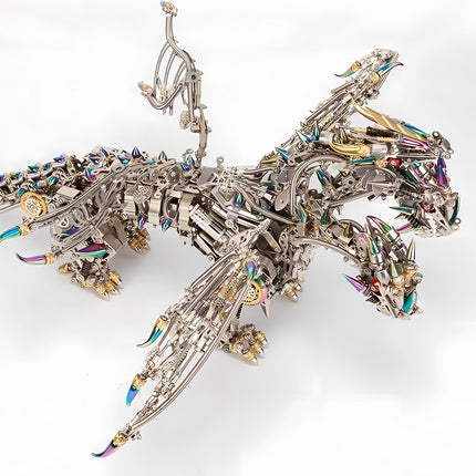 An impressive mechanical dragon, a fully assembled metallic 3D puzzle, showcasing its intricate design and iridescent details. This metal model kit offers a challenging and rewarding building experience.
