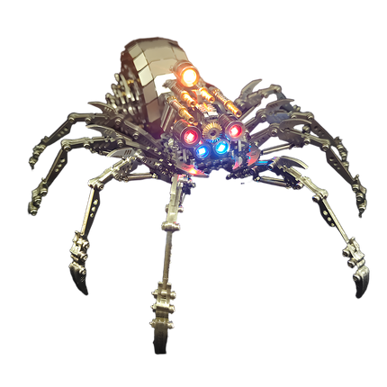  A futuristic silver mechanical spider 3D puzzle metal model, an advanced DIY metal kit, featuring illuminated red and blue eyes and complex gearwork. This metal model is a captivating and funny table display, perfect for sci-fi enthusiasts.