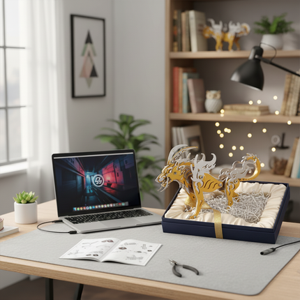 Gold and silver metal model of a mythical creature in an open gift box on a desk, next to a laptop and DIY assembly instructions. This 3D puzzle metal kit provides an engaging build experience, perfect as a funny table gift or decorative metal model