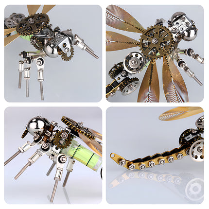  Detailed close-ups of a steampunk dragonfly metal model kit, showcasing intricate mechanical gears, golden textured wings, articulated legs, and a chain-link tail with a glowing green body. This 3D puzzle Metal Kit highlights the craftsmanship of a unique steam punk mech.