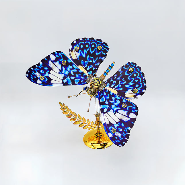 Exquisite 3D puzzle metal kits of patterned mechanical butterfly - finished diy funny table ornament perfect for creative workspace decor, boutique craft displays & distinctive presents, featuring vibrant blue-white wings & intricate gearwork