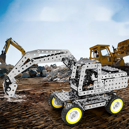 Intricate mechanical steampunk construction vehicle metal model for engineering and DIY hobbyists.