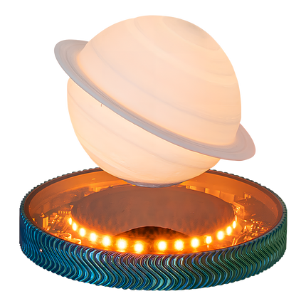 Magnetic levitating 3D Saturn lamp floating above an illuminated LED base
