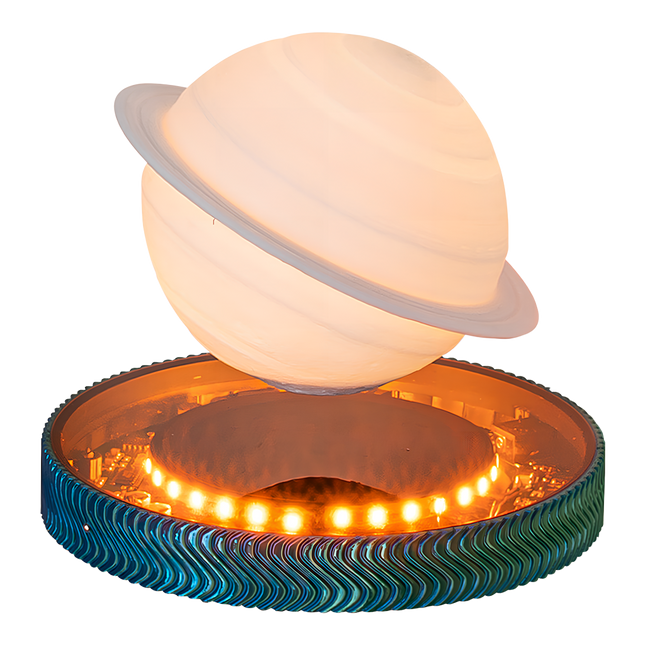 Magnetic levitating 3D Saturn lamp floating above an illuminated LED base