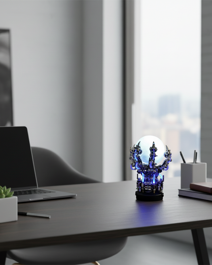 Glowing Steampunk Sphere Dragon Claw Lamp Metal Model, an enchanting DIY 3D assembly metal kit, serves as a unique desktop ornament for modern, whimsical surfaces—perfect beside laptops and office supplies.
