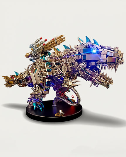 Steampunk-Mecha T-Rex 3D puzzle Metal Kits - Dive into fun and challenging DIY assembly with dynamic weaponized mechanical details, a fierce and steampunk-mecha premium metal model perfect for energetic gaming den decor, attention-grabbing display, and a bold centerpiece for your funny table that redefines collection excitement