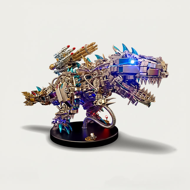 Steampunk-Mecha T-Rex 3D puzzle Metal Kits - Dive into fun and challenging DIY assembly with dynamic weaponized mechanical details, a fierce and steampunk-mecha premium metal model perfect for energetic gaming den decor, attention-grabbing display, and a bold centerpiece for your funny table that redefines collection excitement