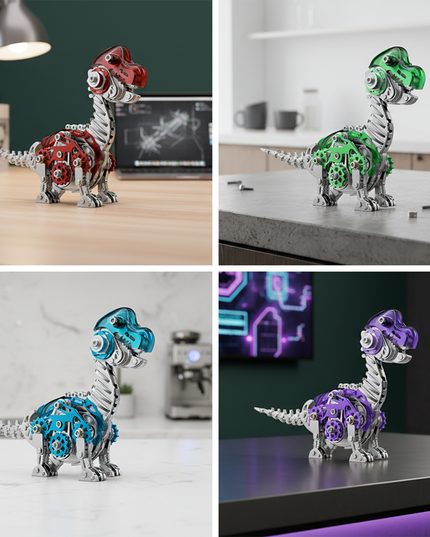  A collage of four metallic T-Rex models in red, green, blue, and purple translucent colors, each intricately designed with visible gears and mechanical parts, displayed in different modern interior settings. These vibrant metal model dinosaurs are engaging DIY projects from our diverse 3D puzzle metal kits, perfect for adding a playful and funny table touch to any space