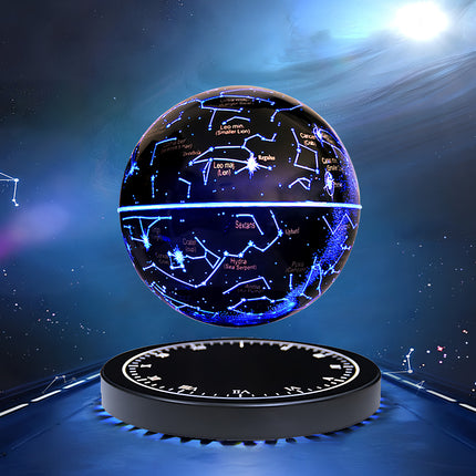 Illuminated magnetic levitation constellation globe floating in a space-themed setting