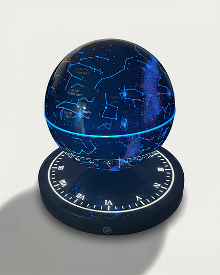 Table Funny Magnetic Levitation Celestial Globe Artwork - An innovative creation for astronomy lovers, tech enthusiasts, and design admirers, this piece from Table Funny features a magnetic levitation celestial globe with a clock-inspired base, vibrant blue constellation lighting, and a detailed star map design. Highlighted by its floating celestial sphere silhouette, magnetic levitation technology, accurate astronomical detailing, and futuristic clock integration