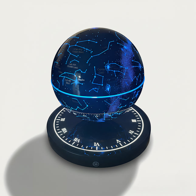 Table Funny Magnetic Levitation Celestial Globe Artwork - An innovative creation for astronomy lovers, tech enthusiasts, and design admirers, this piece from Table Funny features a magnetic levitation celestial globe with a clock-inspired base, vibrant blue constellation lighting, and a detailed star map design. Highlighted by its floating celestial sphere silhouette, magnetic levitation technology, accurate astronomical detailing, and futuristic clock integration