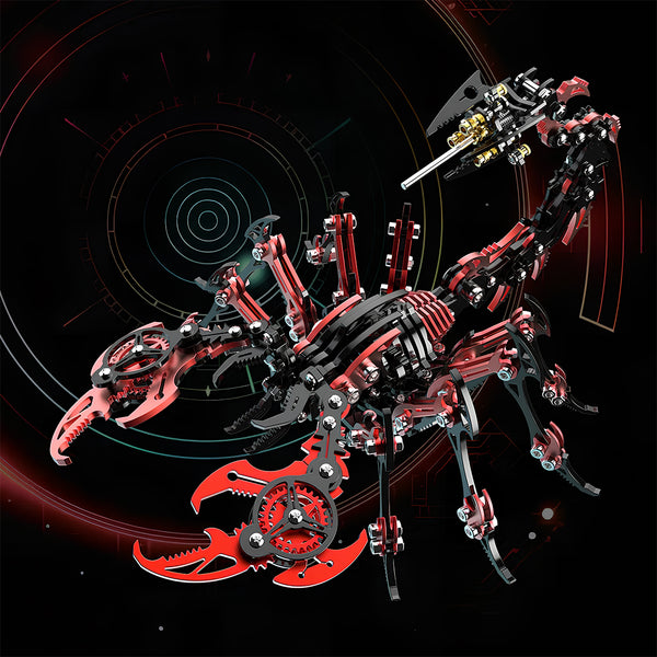  A dramatic presentation of a red and black metallic 3D puzzle in the form of a mechanical scorpion, set against a dark, technical background. This metal model kit is a true masterpiece.
