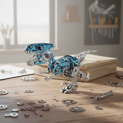  A partially assembled metallic T-Rex model with translucent blue body panels and visible gears, standing on a wooden workbench surrounded by loose gears, screws, and tools, bathed in soft daylight. This engaging DIY project from our 3D puzzle metal kits offers a creative building experience, resulting in a fascinating metal model that makes a unique and funny table decoration