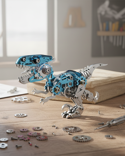  A partially assembled metallic T-Rex model with translucent blue body panels and visible gears, standing on a wooden workbench surrounded by loose gears, screws, and tools, bathed in soft daylight. This engaging DIY project from our 3D puzzle metal kits offers a creative building experience, resulting in a fascinating metal model that makes a unique and funny table decoration