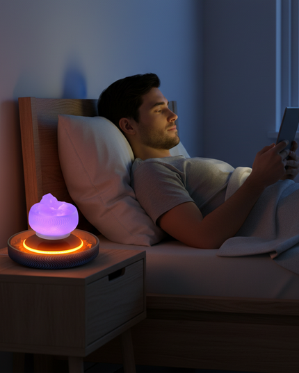 A man lies in bed reading, with a glowing magnetic levitation aromatherapy diffuser at his bedside. Its base emits an orange glow, creating a warm and tranquil atmosphere