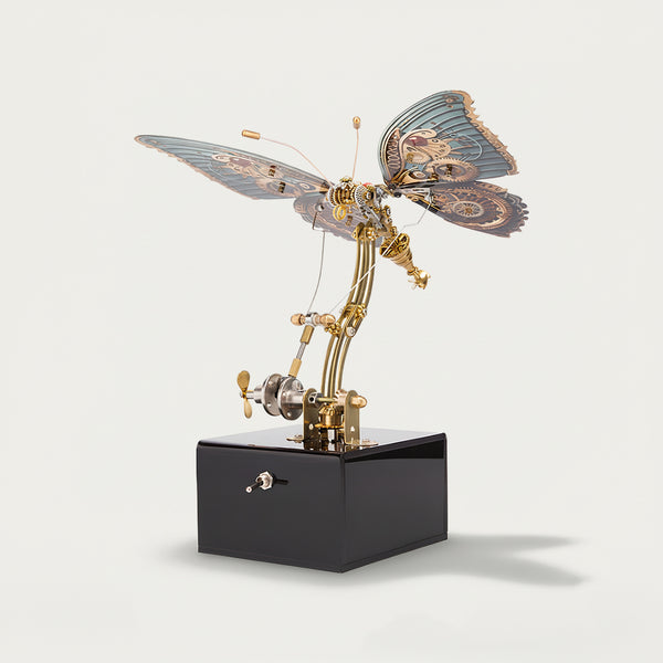 Side view of a teal-winged steampunk butterfly metal model on a display stand, a graceful funny table ornament. This DIY 3D puzzle metal kit is an artistic fusion of nature and machinery.