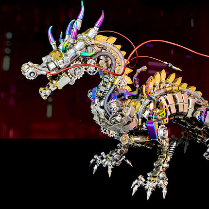 A vibrant mechanical dragon with glowing red accents and iridescent details, an advanced metal model kit. This metallic 3D puzzle showcases intricate gears and a dynamic pose against a dark background.

