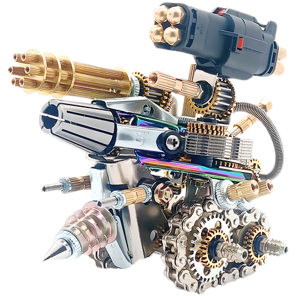 Close-up of the Tablefunny mechanical weapon metal assembly, highlighting its powerful Gatling gun, missile launcher, and drill. The intricate gears, chains, and iridescent metallic finishes make it a captivating tablefunny desktop display