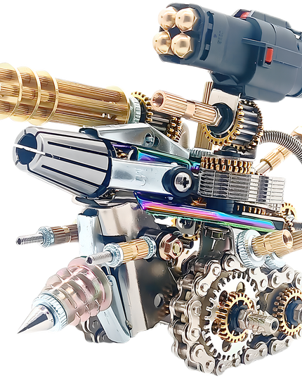 Close-up of the Tablefunny mechanical weapon metal assembly, highlighting its powerful Gatling gun, missile launcher, and drill. The intricate gears, chains, and iridescent metallic finishes make it a captivating tablefunny desktop display