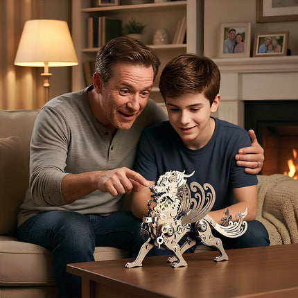 Father and son enjoying family time with a completed steampunk puzzle dragon, a premium metal model from tablefunny.com.