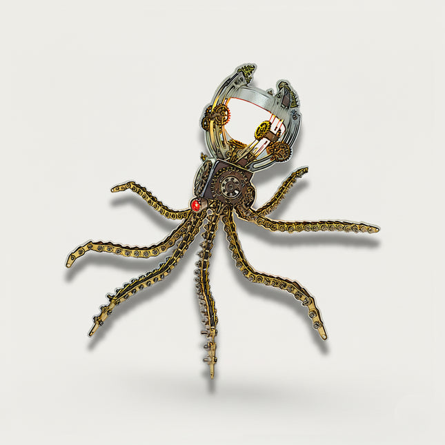 Steampunk octopus metal model with chain tentacles and glowing dome head — diy 3D puzzle Metal Kits by table funny for table display.