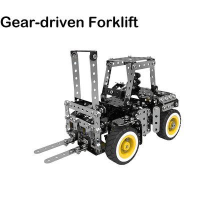 Gear-driven forklift metal model showcasing intricate mechanical details. This DIY 3D puzzle is a challenging and rewarding metal kit, perfect for adding an interesting tabletop conversation piece to your space