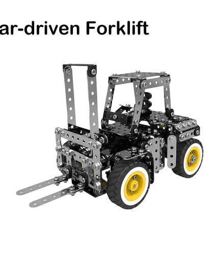 Gear-driven forklift metal model showcasing intricate mechanical details. This DIY 3D puzzle is a challenging and rewarding metal kit, perfect for adding an interesting tabletop conversation piece to your space