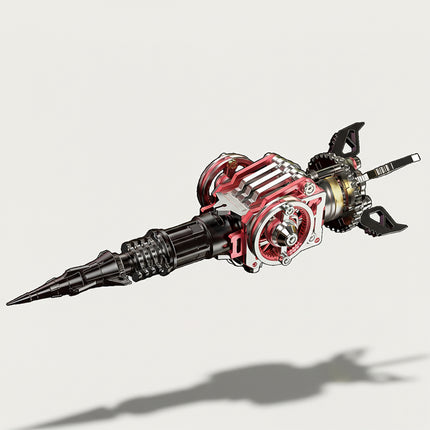 Table Funny 3D Puzzle Metal Kits Mechanical Weapon Artwork - A striking tactical creation for DIY enthusiasts, industrial/mechanical design lovers, and decor admirers, this piece from Table Funny is an elaborate mechanical weapon (spear-style) assembled from 3D puzzle metal kits. It features a red-silver-black metallic structure, exposed gear mechanics, a tapered multi-textured spearhead, and movable jointed components (gear sets, handle segments)