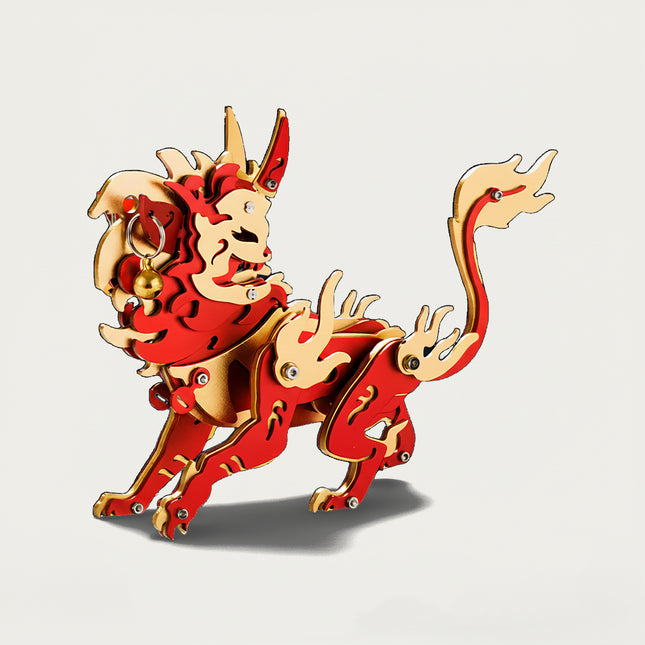 Crimson Nian Beast 3D puzzle Metal Kit - A festive fun toy for culture and art lovers, this DIY assembled table funny piece features a vibrant, intricate, and auspicious mythical beast design. It invites you to craft a piece of tradition part by part, and the finished crimson Qilin, with its striking red and gold details, becomes a lively desktop ornament, making it an energetic fun toy full of cultural symbolism.
