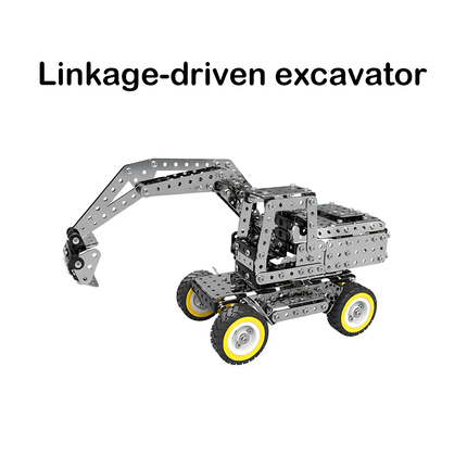 Sleek linkage-driven excavator metal model assembled from DIY 3D puzzle Metal Kits, featuring movable articulated arm and yellow rubber wheels